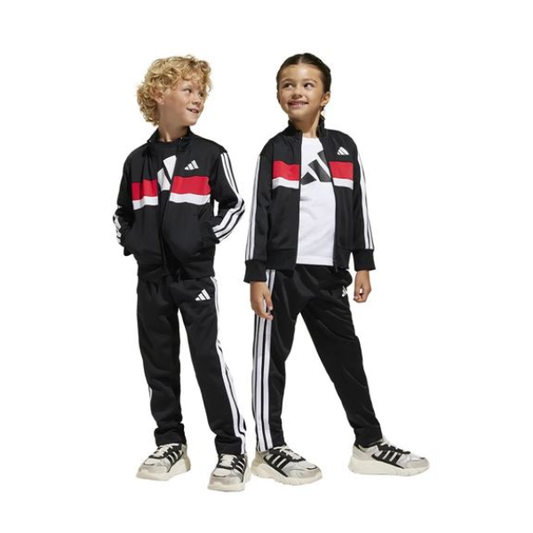 Tuta Adidas Bambini Nera con Bande Bianche e Dettaglio Rosso