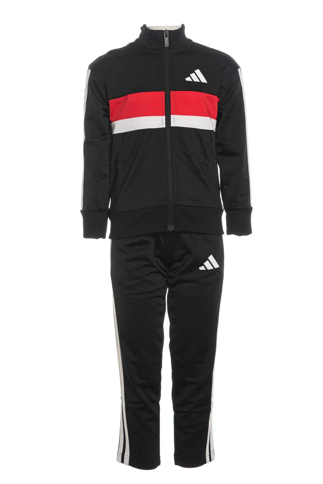 Tuta Adidas Bambini Nera con Bande Bianche e Dettaglio Rosso